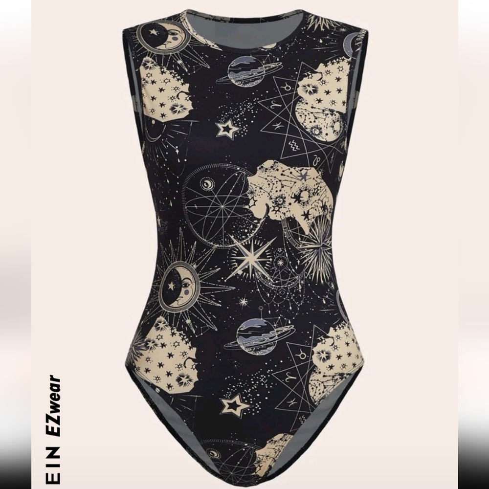 Black and Beige Celestial Print Bodysuit
